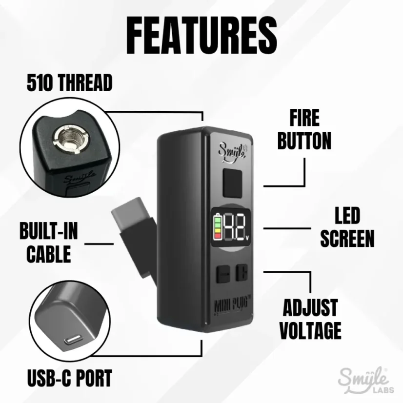 Smyle Labs Mini Plug 510 Cart Battery with Built-in USB-C Cable, Adjustable Voltage, LED Display - random colour