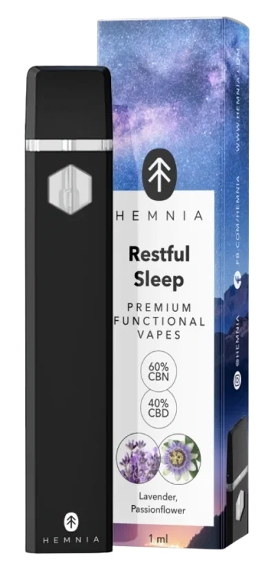 Hemnia Premium Toiminnallinen Vape kynä Rauhallinen uni, 40 % CBD, 60 % CBN, Levander, Kärsimyskukka, 1 ml Hemnia Premium Toiminnallinen Vape kynä Rauhallinen uni, 40 % CBD, 60 % CBN, Levander, Kärsimyskukka, 1 ml