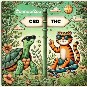 CBD vs. THC: po lewej żółw pod wskaźnikiem CBD, po prawej tygrys pod wskaźnikiem THC.