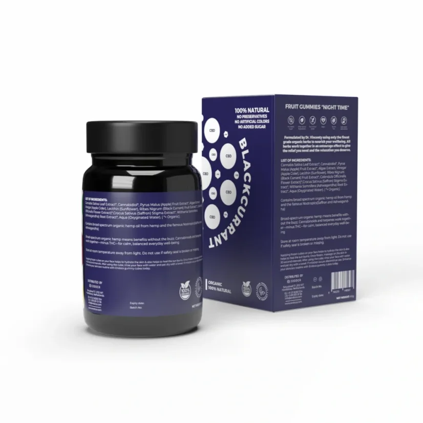 Endoca gommes CBD pour la nuit, 25 mg CBD, 25 mg CBN, saveur cassis, 30 pièces, 60 g