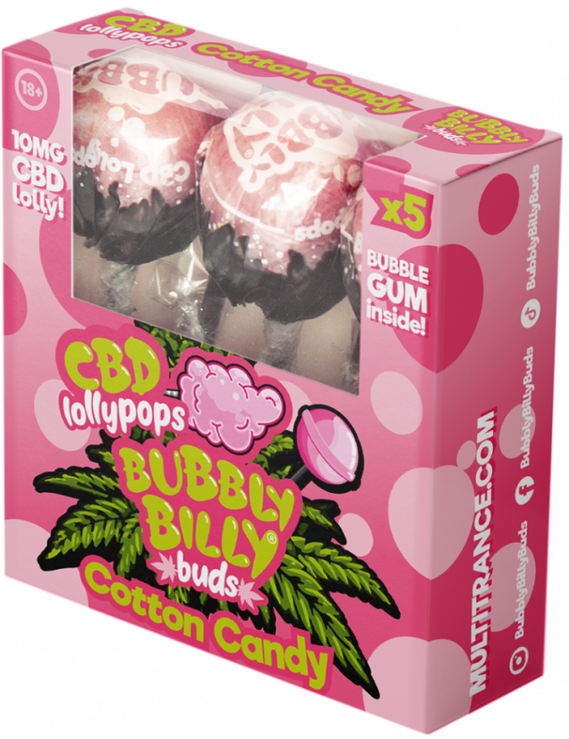 Bubbly Billy Buds 10 mg CBD Sucettes à la barbe à papa avec Bubblegum à l'intérieur – Coffret cadeau (5 sucettes)