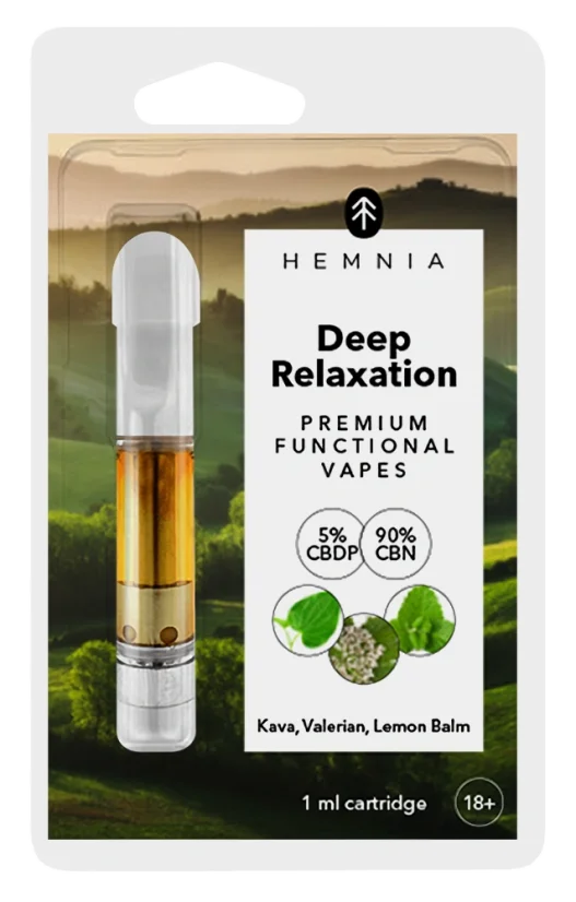 Hemnia Deep Relaxation - Cartuș, 5 % CBDP, 90 % CBN, kava kava, valeriană, balsam de lămâie, 1 ml
