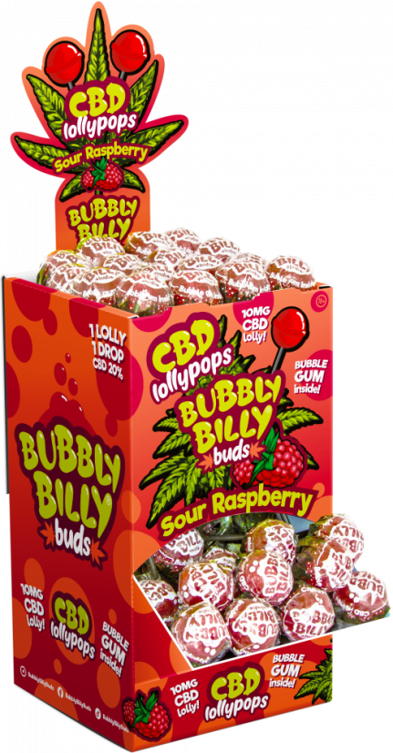 Bubbly Billy Buds 10 mg CBD sura hallonlollor med bubbla inuti – displaybehållare (100 lollies), 2000 g