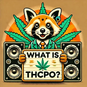 Ilustrowana czerwona panda w garniturze trzymająca znak: „Co to jest THCPO?”, wraz z liściem konopi, głośnikami po obu stronach i dużym liściem konopi za pandą