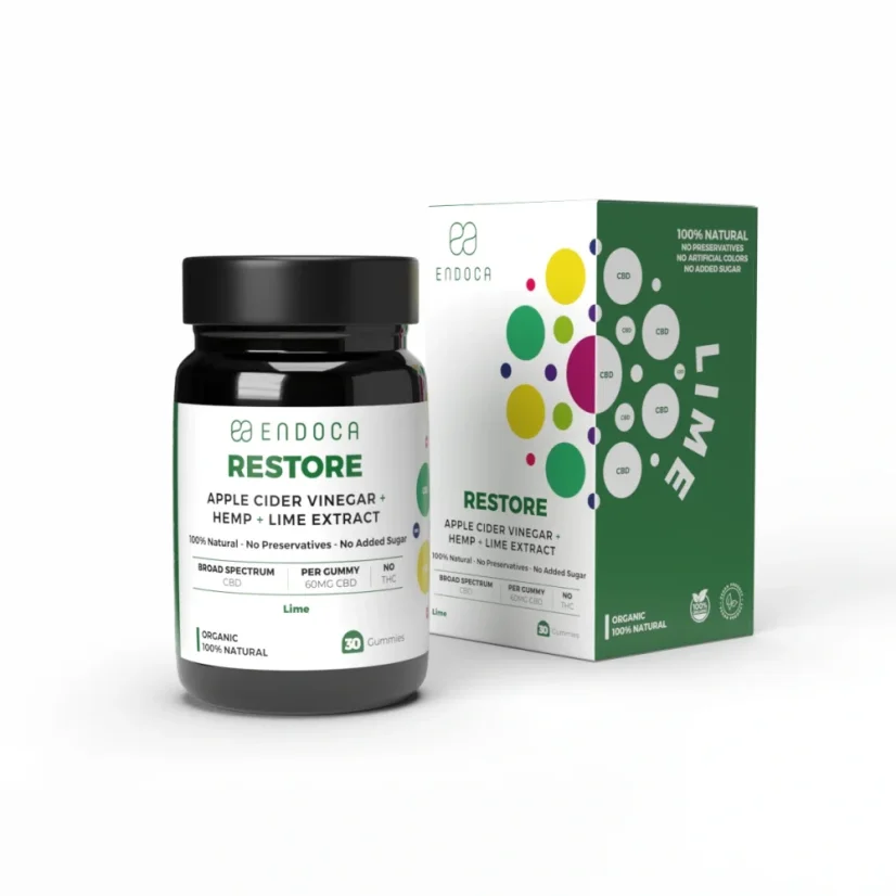 Endoca Gommes au CBD « Restore », 60 mg CBD, saveur citron vert, 30 pièces, 60 g