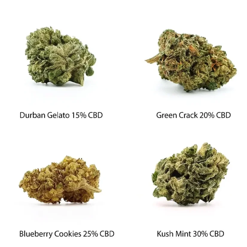 CBD Květy sample set - Durban Gelato 15% CBD, Green Crack 20% CBD, Blueberry Cookies 25% CBD, Kush Mint 30% CBD, 4 x 1 g