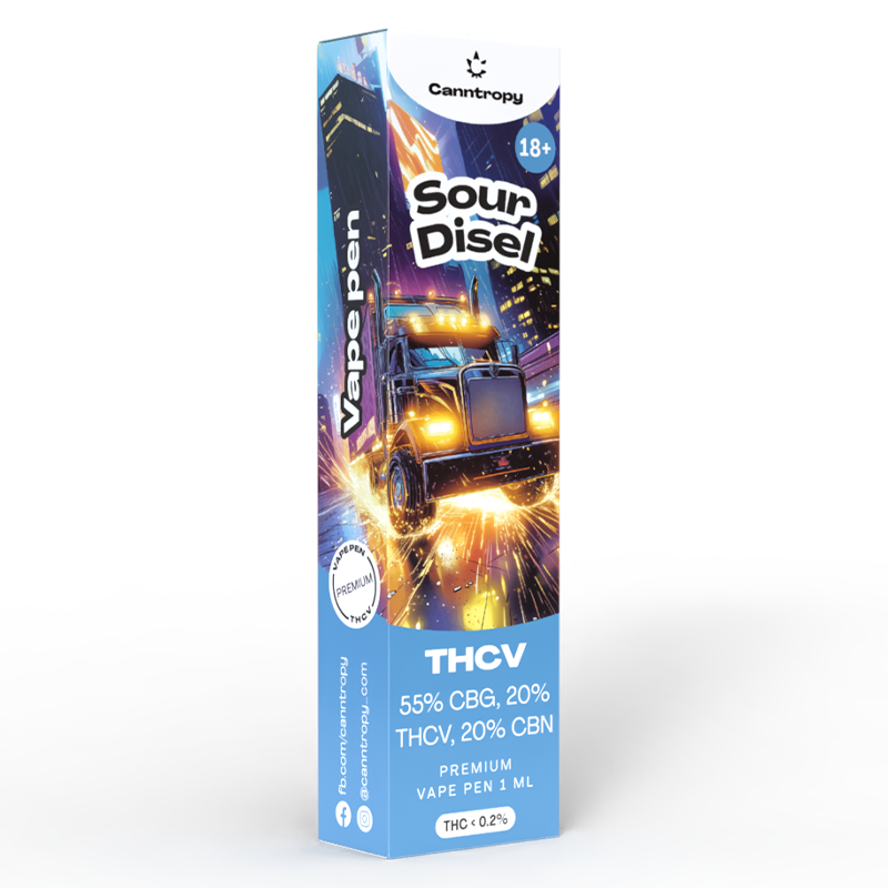 Canntropy THCV Vape Pen Sour Diesel, 20 % THCV, 60 % CBG, 20 % CBN, 1 ml