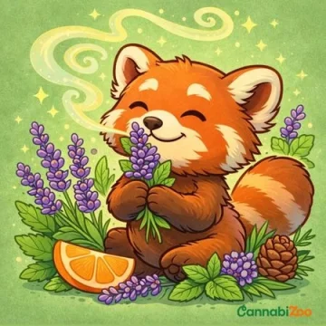 Czym są terpeny: rysunkowa panda wąchająca lawendę, logo CannabiZoo w prawym dolnym rogu