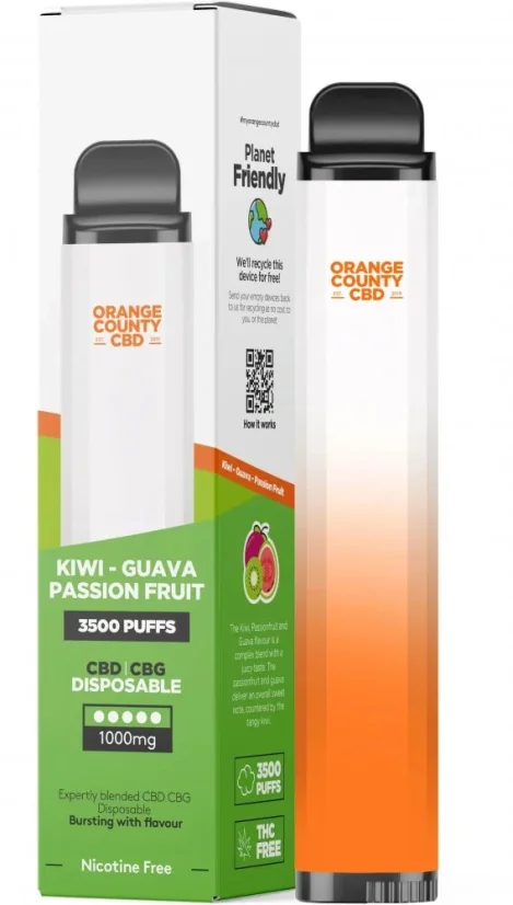 Orange County CBD Vape kynä Kiivi - Guava & Passion Fruit 3500 Puff, 600 mg CBD, 400 mg CBG, 10 ml