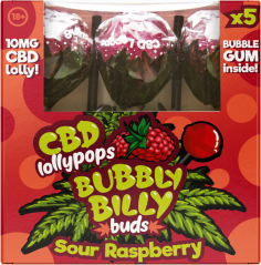 Bubbly Billy Buds 10 mg CBD Zure Frambozenlollies met kauwgom erin – Geschenkdoos (5 Lollies)