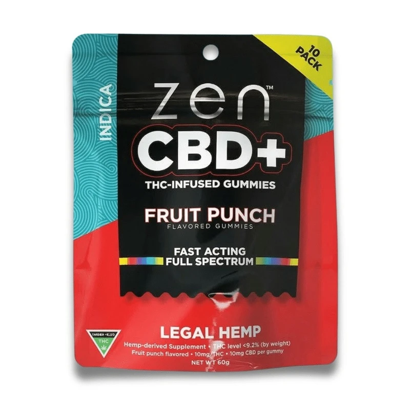 Zen CBD THC+ Gummies Fruit Punch Indica, 10 pezzi, 200 mg Zen CBD THC+ Gummies Fruit Punch Indica, 10 pezzi, 200 mg