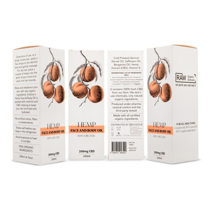 Endoca Ansigts- og kropsolie 300 mg CBD, 200 ml