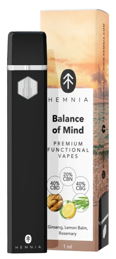 Hemnia Prämie funktioneller Vape Pen Balance of Mind - 40 % CBD, 40 % CBG, 20 % CBN, Ginseng, Zitronenmelisse, Rosmarin, (1 ml)