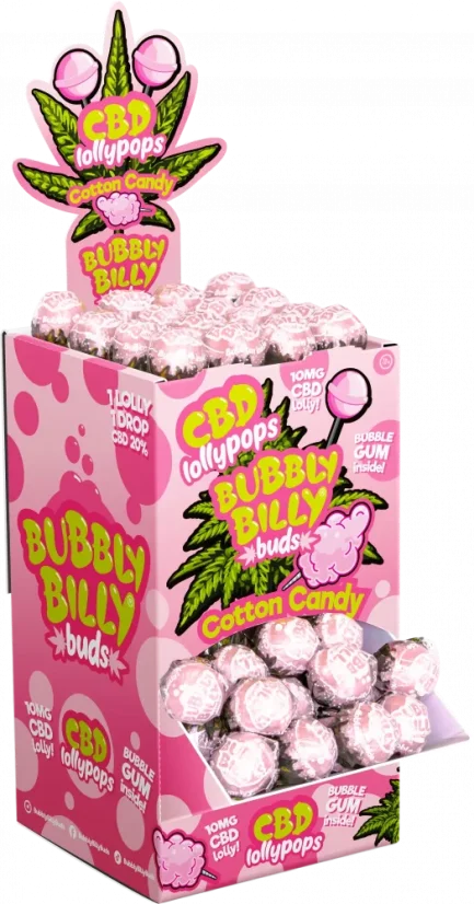 Bubbly Billy Buds 10 mg CBD Paletas de algodón de azúcar con chicle en el interior - Envase expositor (100 piruletas)