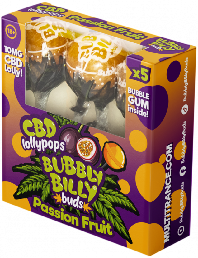 Bubbly Billy Buds 10 mg CBD Passionsfrukt Klubbor med Tuggummi Inuti – Presentförpackning (5 Klubbor)