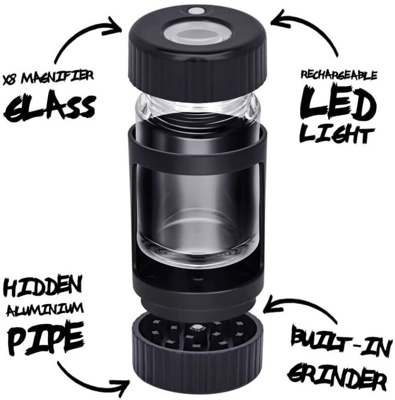 Best Buds Sort forstørrelsesglas med LED lys, kværn og aluminiumsrør
