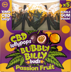 Bubbly Billy Buds 10 mg CBD Sucettes Fruit de la Passion avec Chewing-gum à l'intérieur – Boîte Cadeau (5 Sucettes)