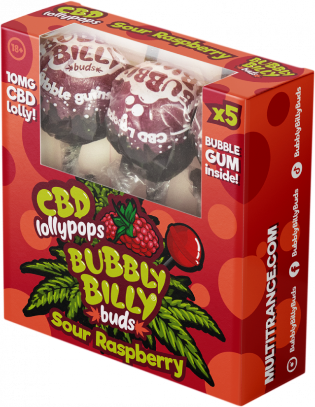Bubbly Billy Buds CBD Lízátka Kyselé Maliny se žvýkačkou uvnitř - Dárková krabička (5 lízátek)