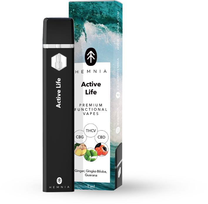Hemnia Premium Functional THCV, CBG et CBD Vape Pen Active Life - 20 % THCV, 50 % CBG, 25 % CBD, Gingembre, Gingko, Guarana, 1 ml