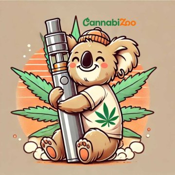 Koala portant un t-shirt avec une feuille de chanvre serrant un vaporisateur utilisé pour vaper des herbes et d'autres matériaux, texte ci-dessus : CannabiZoo