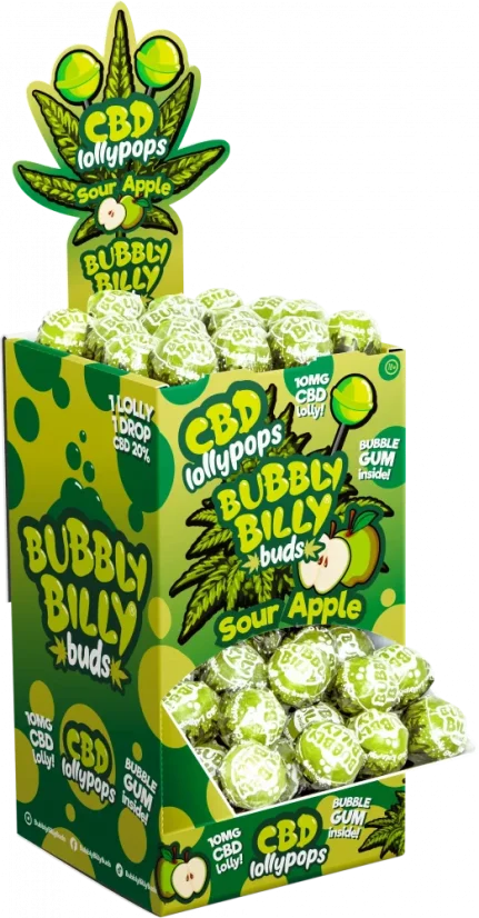 Bubbly Billy Buds 10 mg CBD близалки с кисела ябълка с дъвка за балончета вътре – Дисплеен контейнер (100 близалки)