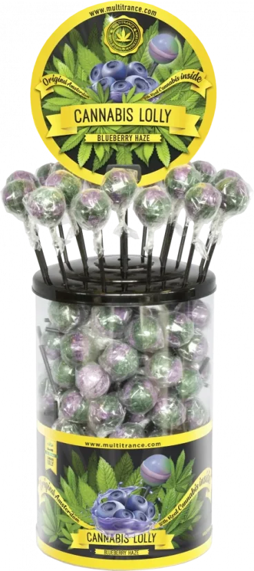 Sucettes Cannabis Blueberry Haze – Récipient de présentation (100 sucettes), 1800 g