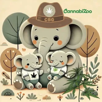 Ilustrirana majka slonica sa zglobom na kojem piše: "CBG", s dva slona, ​​zajedno s logotipom CannabiZoo