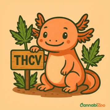 Gullig axolotl med cannabisblad i bakgrunden och texten THCV