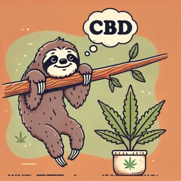 Un paresseux est accroché à une branche et a un ballon de pensée parce qu'il se demande ce qu'est le CBD.