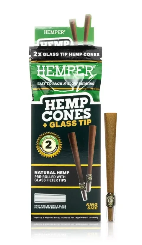 HEMPER King Size Cones + Glass Tip 2kpl Natural