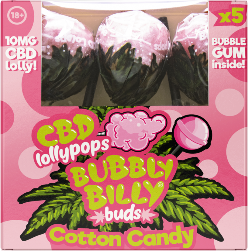 Bubbly Billy Buds 10 mg CBD Sucettes à la barbe à papa avec Bubblegum à l'intérieur – Coffret cadeau (5 sucettes)