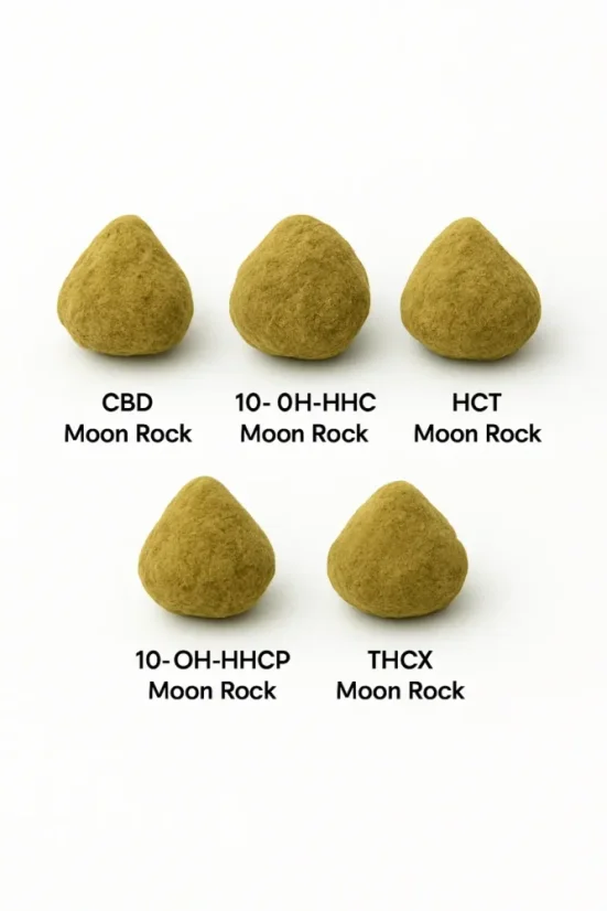 Set d'échantillons Moon Rock Flowers - CBD Moon Rock, 10-OH-HHC Moon Rock, HCT Moon Rock, 10-OH-HHCP Moon Rock, THCX Moon Rock 5 x 1 g