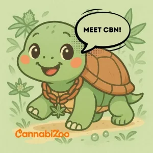 Süße Schildkröte mit Blase: „Lerne CBN kennen!“, Logo von Cannabizoo