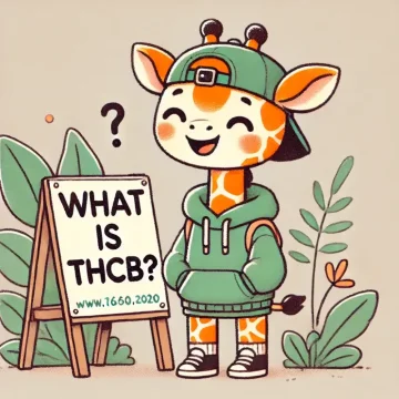 Znak z napisem „Co to jest THCB?” z uśmiechniętą żyrafą w bluzie i czapce obok.