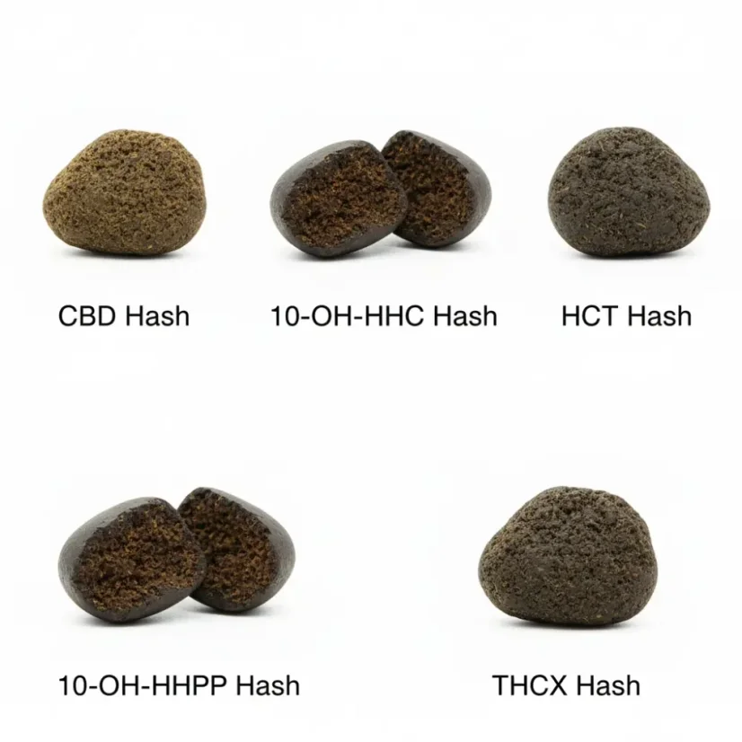Morocco Hash-ის ნიმუშების ნაკრები - CBD Hash, 10-OH-HHC Hash, HCT Hash, 10-OH-HHCP Hash, THCX Hash, 5 x 1 გ