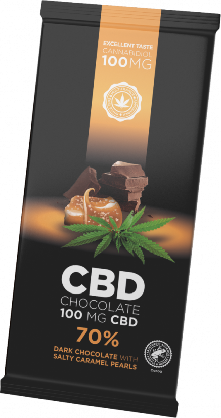 Chocolat noir au CBD avec perles de caramel salé (100 mg de CBD), 15 barres en carton, 1500 g