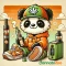 Panda v čepici s konopným listem a oranžové mikině drží vaporizační pero a vedle přenosný (kapesní) vaporizér, doplněno o logo CannabiZoo