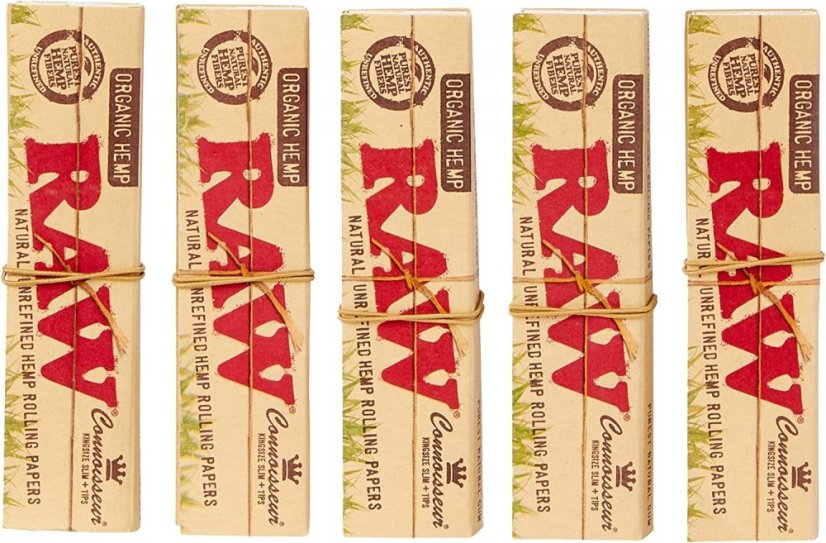 RAW Papeles de fumar de cáñamo orgánico CONNOISSEUR KingSize Slim sin refinar + TIPS - Caja, 24 piezas