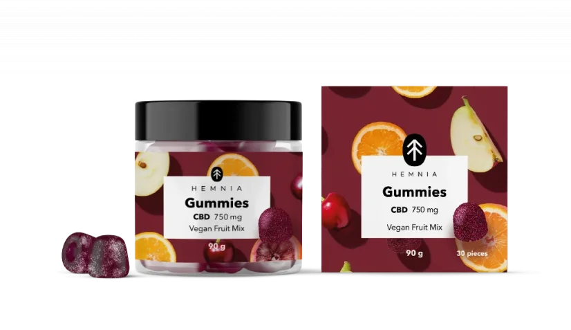 Hemnia Bonbons végétaliens au CBD, mélange de fruits, 750 mg de CBD, 30 pièces x 25 mg, 90 g