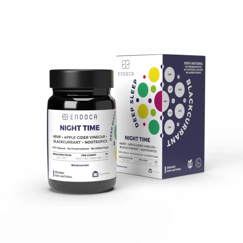 Endoca gommes CBD pour la nuit, 25 mg CBD, 25 mg CBN, saveur cassis, 30 pièces, 60 g