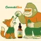 Le gorille fait couler de l'huile de CBD à l'aide d'un compte-gouttes dans la bouche du renard, huile de CBD Canntropy, avec le logo CannabiZoo.