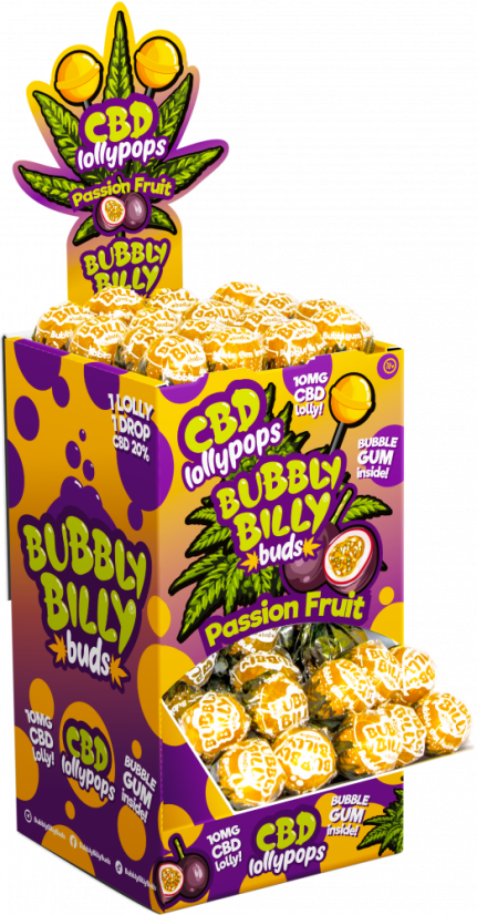 Bubbly Billy Buds 10 mg CBD lizike iz pasijonke z žvečilnim gumijem v notranjosti – razstavna posoda (100 lizik), 2000 g