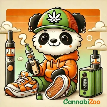 Panda avec un chapeau, une feuille de chanvre et un sweat-shirt orange, tenant un stylo vaporisateur et un vaporisateur portable (de poche) à côté, avec le logo CannabiZoo.