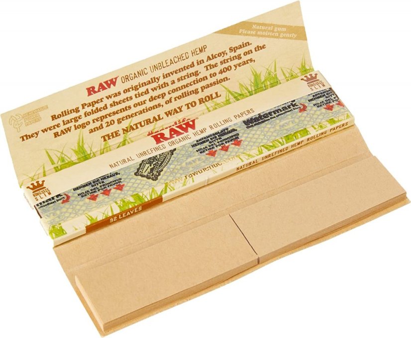 RAW Papeles de fumar de cáñamo orgánico CONNOISSEUR KingSize Slim sin refinar + TIPS - Caja, 24 piezas
