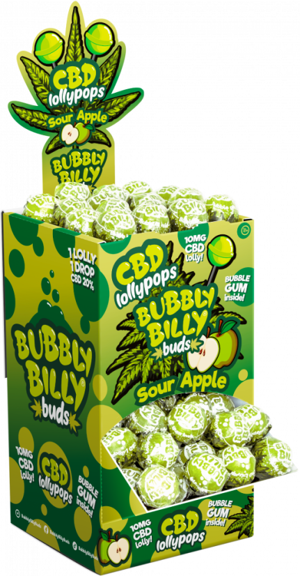Pjenušavi billy pupoljci 10 mg CBD lizalice od kisele jabuke s žvakom iznutra – spremnik za izlaganje (100 lizalica), 2000 g