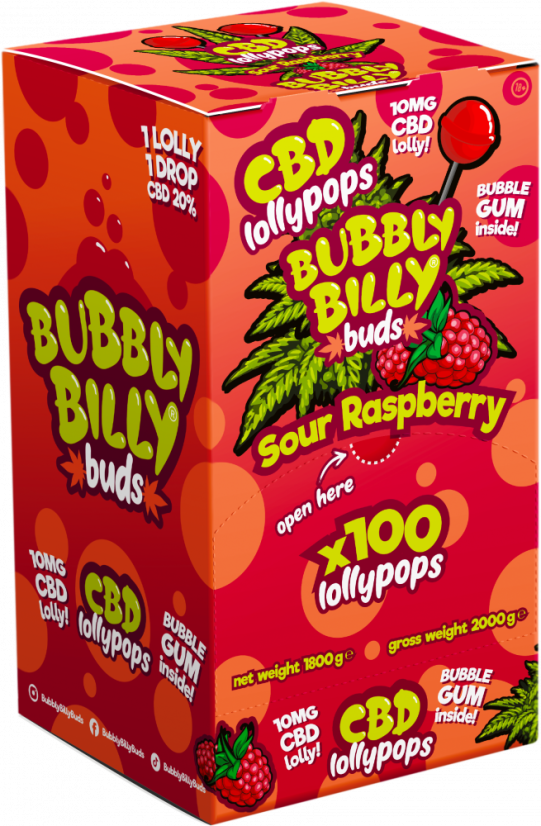 Bubbly Billy Buds 10 mg CBD sura hallonlollor med bubbla inuti – displaybehållare (100 lollies), 2000 g
