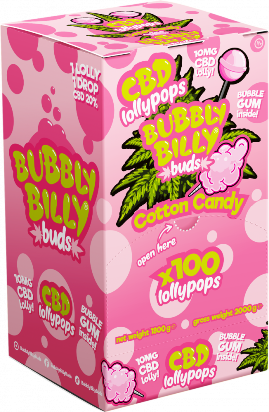 Bubbly Billy Buds 10 mg CBD Paletas de algodón de azúcar con chicle en el interior - Envase expositor (100 piruletas)