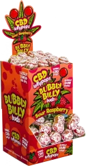 Bubbly Billy Buds 10 mg CBD Pirulitos de framboesa azeda com chiclete dentro - Recipiente de exibição (100 pirulitos), 2000 g