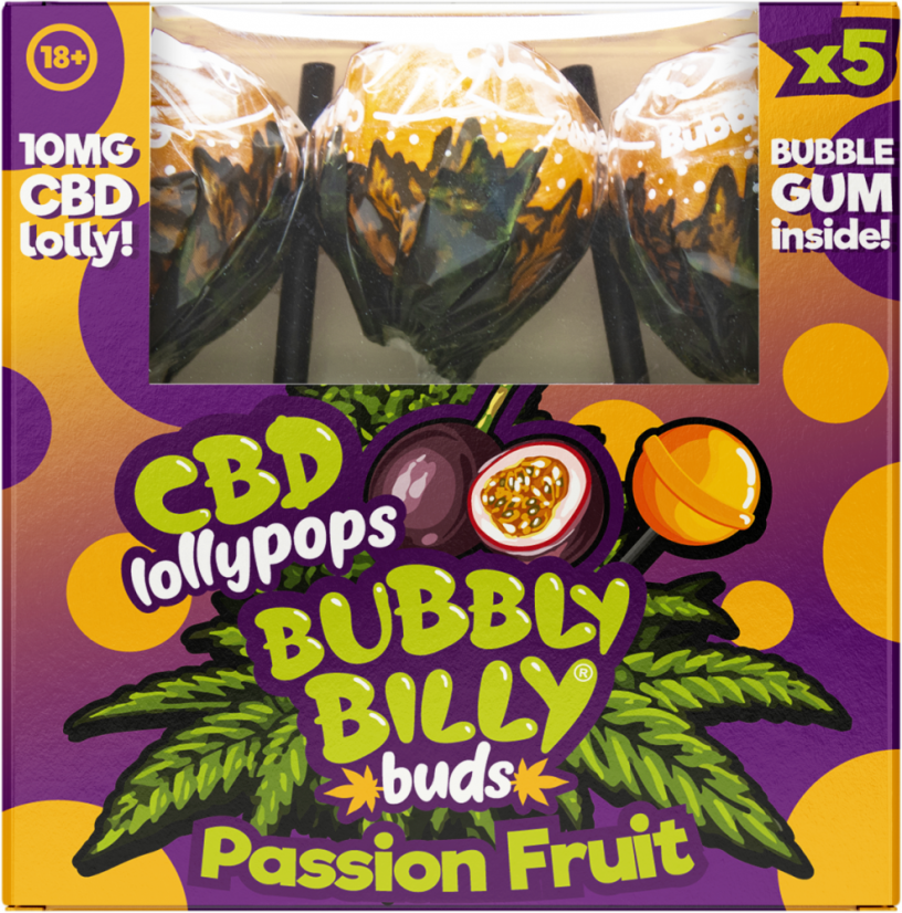 Bubbly Billy Buds 10 mg CBD Passionsfrukt Klubbor med Tuggummi Inuti – Presentförpackning (5 Klubbor)