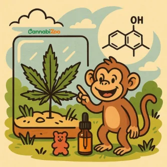 Maimuță lângă care se află molecula 8-OH-HHC, frunză de canabis, sticluță și gummies Maimuță lângă care se află molecula 8-OH-HHC, frunză de canabis, sticluță și gummies